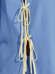 MUSERA Áo sơ mi và quần ống rộng chất liệu giả vải lanh, viền tương phản, thắt nơ, thích hợp cho kỳ nghỉ hè, phong cách Boho Ibiza, thanh lịch, dễ thương, mùa thu đông, hẹn hò, mùa xuân. - Màu xanh lam - Xem 6