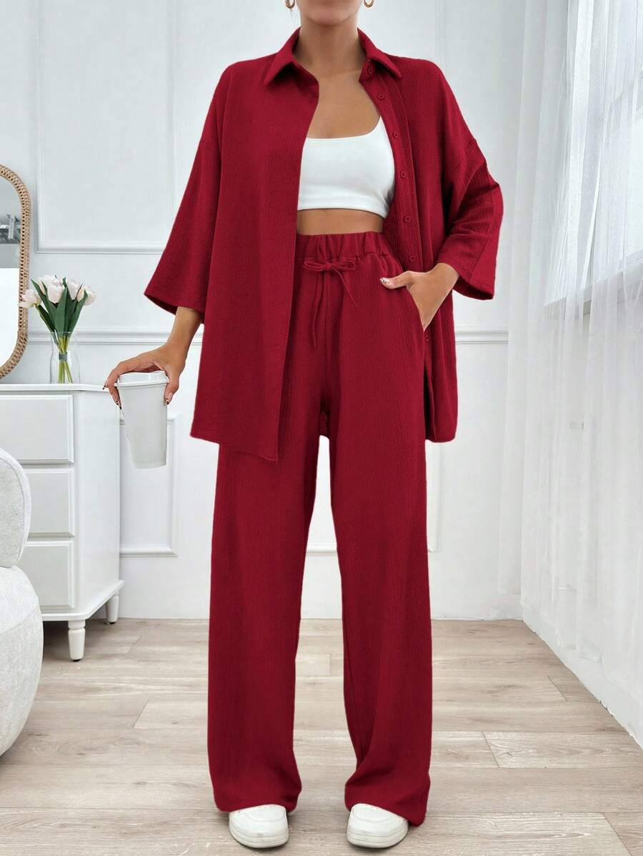 EURMUSE 纯色衬衫和裤子套装，休闲办公装 - 紅色 - 查看 1