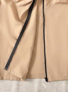 SHEIN 青少年女孩休闲街头服饰时尚法式优雅英伦学院风字母刺绣贴片宽松落肩长袖连帽撞色拉链抽绳腰部大口袋长款羽绒服夹克风衣 - 卡其色 - 查看 8