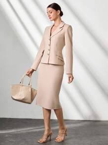 CLARA VERO Woman Solid Color Woven Elegant 2 Pieces Outfits Coords Suit Set Blazer Jacket And Midi Skirt - Beige - View 4