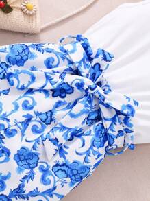 Tween Girls' Floral Print Romper With Round Neck, Sleeveless, School, Campus, College - Blue - View 7