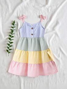 SHEIN Young Girl's Casual Color Block Striped Spaghetti Strap Layered Dress For Summer Summer Holiday - Multicolor - View 5