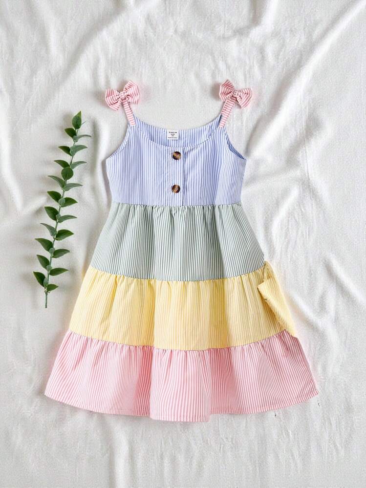 SHEIN Váy xếp lớp dây đeo spaghetti sọc màu thường ngày cho cô gái trẻ cho mùa hè - Nhiều màu - Xem 5