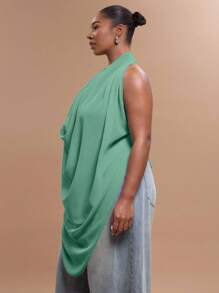 MUSERA Plus Size Chiffon Extreme Draped Halter Neck Backless Top For Going Out, Sexy, Club, Holiday, Rave, Festival, Concert, Spring Summer - Teal Blue - View 5