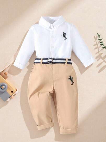 Souflis Souflis 2pcs/Set Baby Boy Gentleman Outfit: Embroidered Long Sleeve Shirt And Embroidered Long Pants With Belt, Ideal For Formal Events And Special Occasions