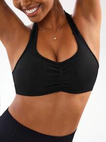 Easithlete 无缝瑜伽双层运动吊带背心/工字背心/前褶/后背交叉/可拆卸罩杯/健身/跑步/跳跃/瑜伽 - 黑色 - 查看 5