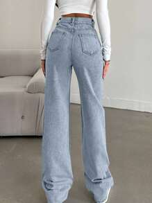 SHEIN Tall Snow Wash Straight Leg Jeans High Rise For Tall - Teal Blue - View 2