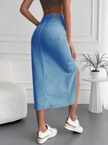 RueChic High Waist Split Thigh Denim Skirt - Dark Wash - View 2