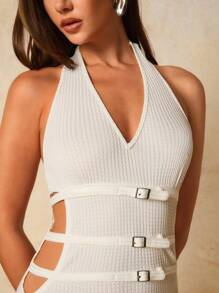 COSMINA Vestido largo tejido con botones y calado elegante para mujer, adecuado para vacaciones, primavera/verano - Albaricoque - Ver 7