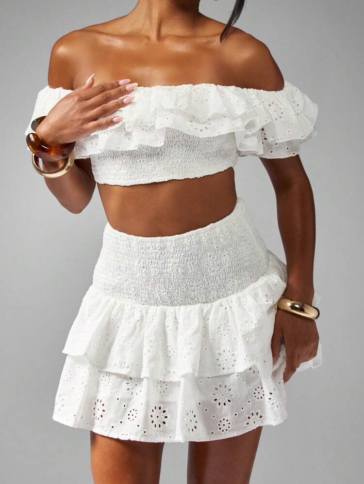 MISSGUIDED Broderie Anglaise Ruffled Crop Top With Tiered Mini Skirt
