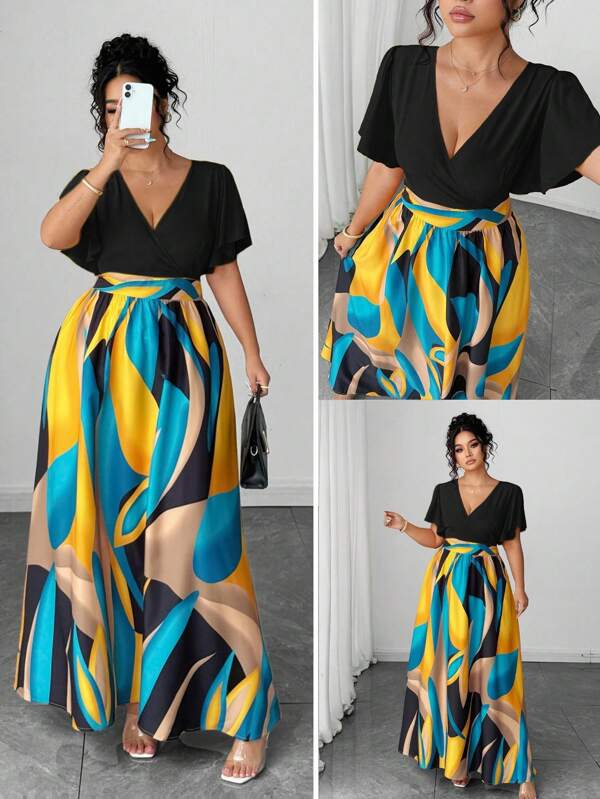 Elenzga Vestito lungo da donna estivo/primaverile, stile boho, da vacanza o casual elegante, con stampa geometrica irregolare colorata, maniche a balze con orlo svasato, per taglie forti