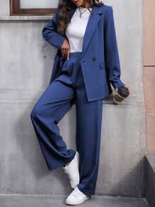 EMERY ROSE 女士纯色翻领长袖夹克和裤子休闲套装女士西装外套套装女士办公室服装套装女士西装