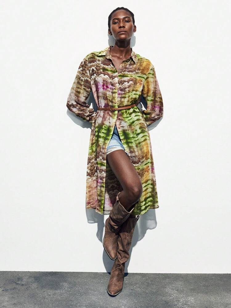 SHEIN Maija Farbenfroher Tierprint Hemdkragen Langarm Loose Fit Taillenbindung Midi Kleid, Chiffon Stoff Boho Stil für Lässig Ausflüge, Partys, Herbst