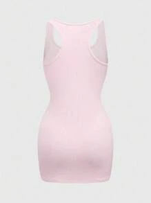 ROMWE Grunge Punk Vestido Camisole de Pescoço de Tripulação com Slogan de Strass Estilo Punk Sexy, Comprimento Mini, Rosa - Rosa chiclete - Visão 2