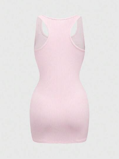 Grunge Punk Vestido camiseta cuello tripulación con cristales eslogan estilo punk sexy, mini longitud, rosa