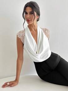 Firerie Damen elegante, delikate, romantische, neue Mode Musik Festival Alltag/Pendeln/Urlaub locker sitzende Bluse mit Spitzeneinsatz in Weiß