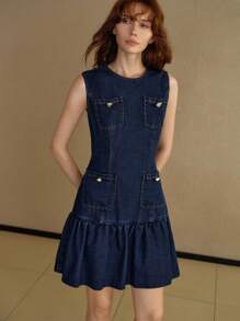MOTF PREMIUM POCKET A LINE DENIM DRESS - Blue - View 5