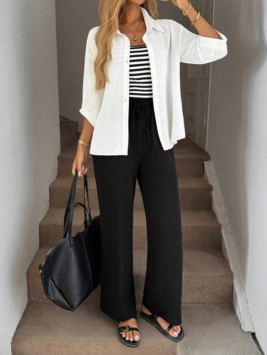 Easowa 2件套 2024 秋冬新款条纹背心和裤子套装，机场时尚两件套女士 - 黑色 - 查看 1