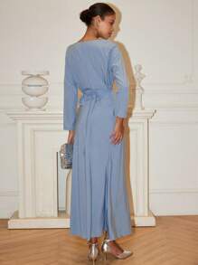 Chiquease 2 件女士休闲优雅简约仿珍珠装饰衬衫和裙子 2 件套，适合秋季 - 藍色 - 查看 3