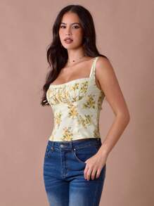 Enchnt 夏季浪漫女士奶油黄色花卉印花系带前褶皱方领吊带背心上衣，休闲舒适，适合生日、节日派对、甜蜜约会、日常通勤、度假和婚礼季节必备，夏季百搭女士，音乐会女士 - 黃色 - 查看 6