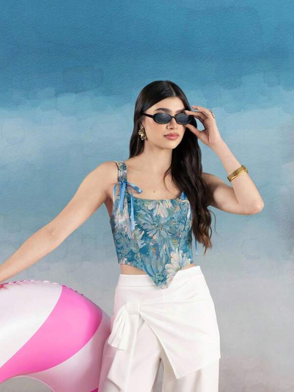 SHEIN MOD Maiou retro floral cu șireturi în față și șireturi la spate care se scurg, vestă de iarnă, vestă de ieșire în oraș, ținută de plajă pentru femei, ținută de petrecere pentru femei, ținută de Revelion