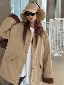 DAZY Teen Girls' Colorblock Patchwork Long Sleeve Padded Coat, Casual Street Style For Winter - Khaki - View 5