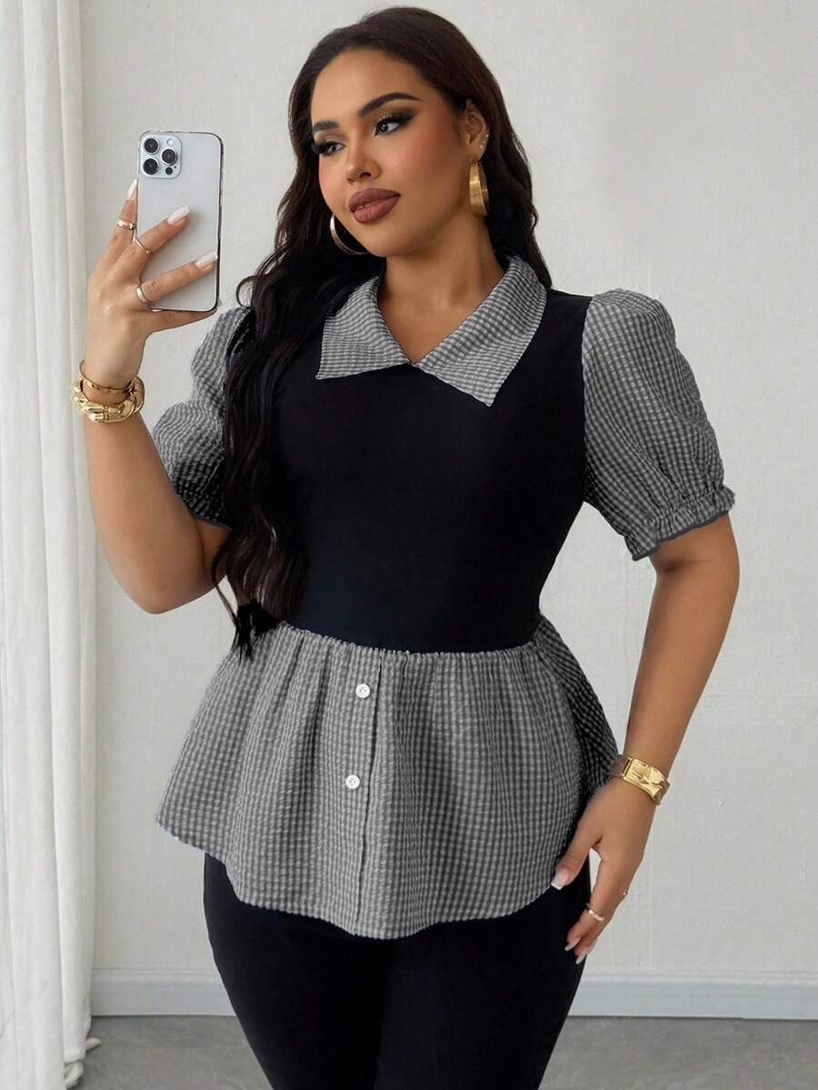 Maweii Plus Size Women Lapel Patchwork Plaid Faux 2-In-1 Top - Black - View 1