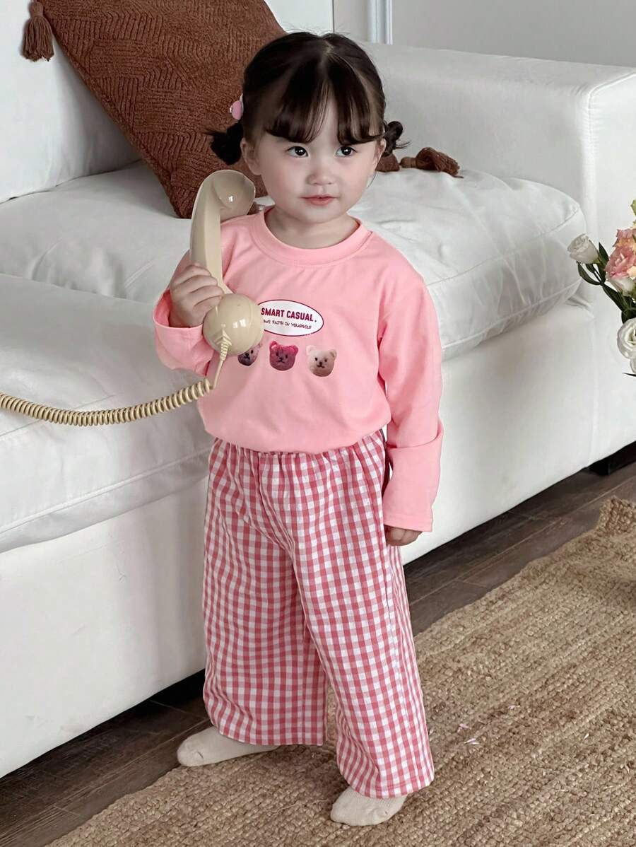 Dazy Kids 女婴卡通短袖休闲T恤和格子休闲裤睡衣套装，幼儿秋季服装 - 淺粉色 - 查看 1