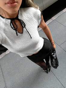 Siren Gaze كنزة صوفية محبوكة صيفية مع أكمام قصيرة وطرف ملون للنساء، كاجوال