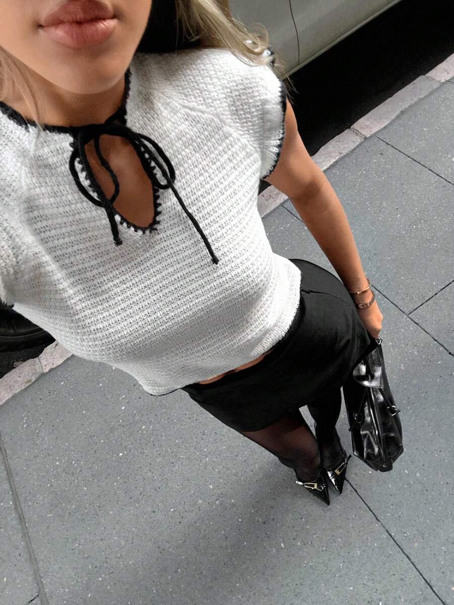 Siren Gaze كنزة صوفية محبوكة صيفية مع أكمام قصيرة وطرف ملون للنساء، كاجوال