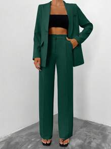 EURMUSE 女士纯色披肩领长袖西装外套和裤子休闲套装