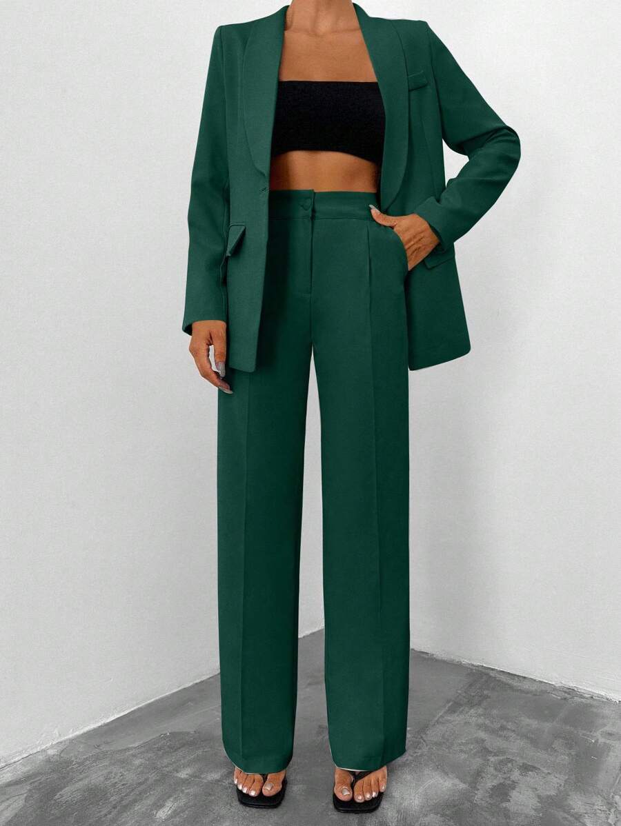 EURMUSE 女士纯色披肩领长袖西装外套和裤子休闲套装