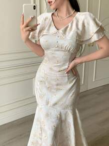 Modelyn 时尚、浪漫、优雅的提花缎浅黄色女士度假连衣裙 - 淡黃色 - 查看 3