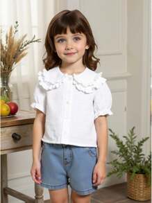 SHEIN Vintaside Kids Kleinkind Mädchen Bluse mit lässigem, strukturiertem Rüschenkragen, doppelschichtigem Spitzenkragen, vielseitig und bequem, geeignet für Ausflüge, Alltagstragen, Urlaub, passend zu verschiedenen lässigen Hosen und Röcken