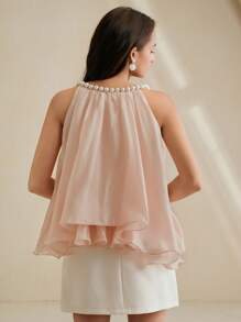 Anewsta Elaire Fashionable Elegant Chic Fresh Rhinestone & Pearl Decor Sleeveless Women Tank Top - Pink - View 2