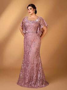 Serin Đầm mẹ dáng ôm cổ tròn thanh lịch lãng mạn cỡ lớn đính hoa trang trí tay bèo nhún viền đuôi cá - Bụi hồng - Xem 3