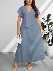 Firerie Plus Size Summer Elegant Solid Color Short Sleeve Top And Pleated Skirt 2 Pieces Set Spring - Dusty Blue - View 6