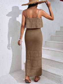 EURMUSE 女式纯色镂空荷叶边下摆修身吊带连衣裙 - 摩卡棕 - 查看 2