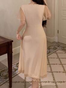 DAZY 针织拼布圆点网眼女士家居服长款睡袍睡衣 - 粉色 - 查看 2