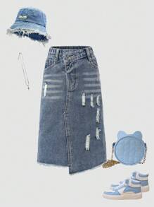 Asymmetrical Waist Distressed Ripped Denim A-Line Midi Skirt, Street Style Cool And Fashionable - Dark Wash - View 1