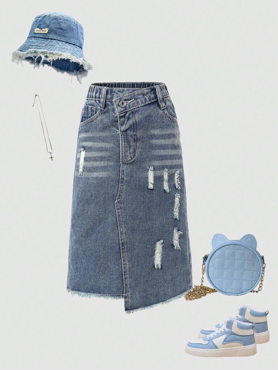 Asymmetrical Waist Distressed Ripped Denim A-Line Midi Skirt, Street Style Cool And Fashionable - Dark Wash - View 1