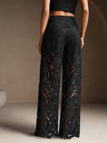 Anewsta Pantalones rectos sin estiramiento casuales y elegantes para mujer con diseño calado - Negro - Ver 2