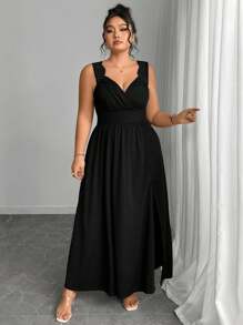 Elenzga 加大码 V 领撞色蕾丝吊带背心连衣裙，修身罗纹开衩喇叭裙 - 黑色 - 查看 7