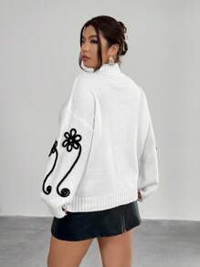 Firerie Plus Size Women Floral Embroidered Drawstring Neck Casual Long Sleeve Sweater Fall/Winter - White - View 3
