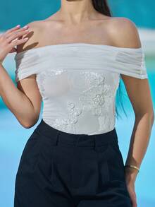 Andrea Bello White Jacquard Off-Shoulder Top, Solid Color Fashion Summer Blouse Off The Shoulder Top - White - View 3