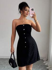 Elenzga Women Black Bandeau Ruched A-Line Plaid Elegant Romantic Midi Dress - Black - View 7