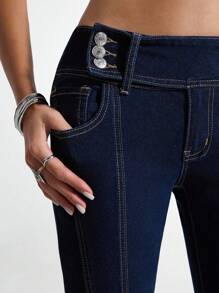 SHEIN Unity Women's Casual Low-Waist Denim Bell-Bottom Pants With Pockets - Dark Wash - View 6