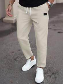 Manfinity Homme Quần ống đứng ôm eo có dây rút cho nam với chi tiết nhỏ - Màu be - Xem 1