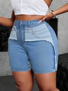 SHEIN SXY Shorts de mezclilla elásticos y ajustados de 2 en 1 sexy para mujer de talla grande, para vacaciones de otoño