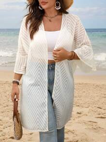 SHEIN LUNE Plus Size Women's Mesh 3/4 Sleeve Open Front Casual Jacket - Beige - View 4